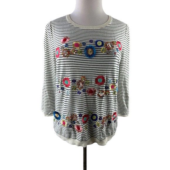 Talbots Floral Row Striped Embellished Embroidered Crewneck Sweater Plus Size 1X - Picture 11 of 12